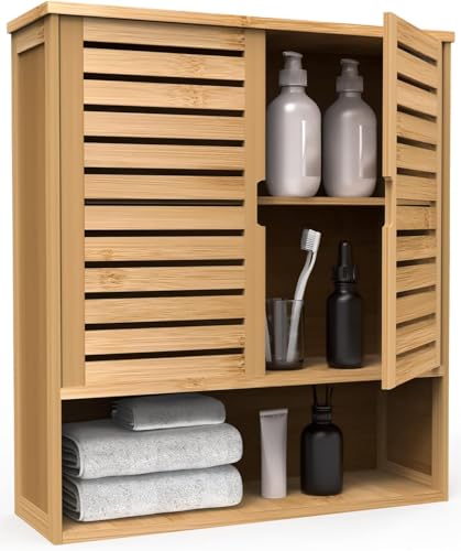 Bamboo Bathroom Cabinet,Bathroom Wall Cabinet with 2 Doors & 3 Tier Shelves | Medicine Cabinet,Over the Toilet Storage Cabinet,Bamboo Wall Storage Cabinet for Laundry Room & Living Room Kitchen