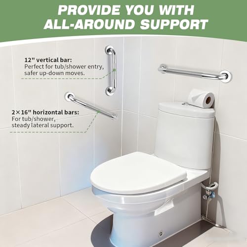 3 PCS Grab Bars for Seniors Bathroom 16" and 12" Shower Safety Handle | Stainless Steel Shower Support Bar Holds up to 500LBs, Anti Slip Bath Assist Handles for Handicap Elderly Injury Pregnant - size: 3PCS