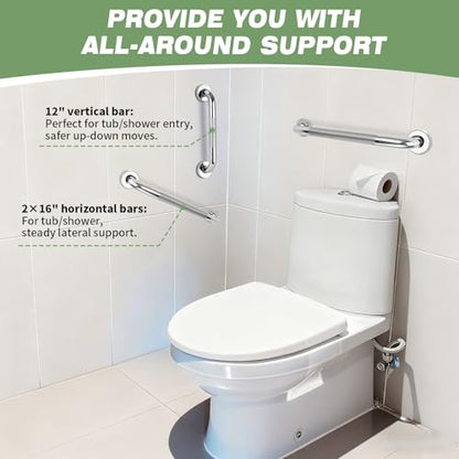 3 PCS Grab Bars for Seniors Bathroom 16" and 12" Shower Safety Handle | Stainless Steel Shower Support Bar Holds up to 500LBs, Anti Slip Bath Assist Handles for Handicap Elderly Injury Pregnant - size: 3PCS