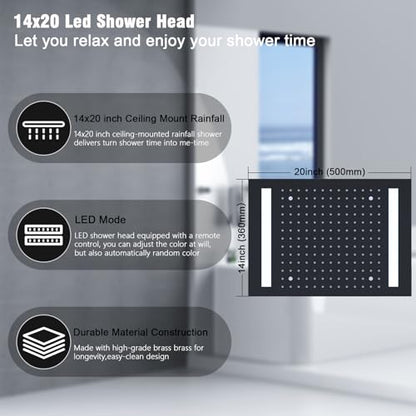 Black Thermostatic Shower System with 14x20 Inch Ceiling Mount LED Head & 6 Inch Wall Head and Handheld Shower 4 Function Vale with body jets, Matte Black - color: Matte Black, style: 14x20 led+6 jets