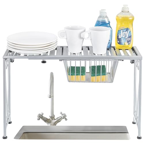 MyGift Silver Metal Over The Sink Organizer Shelf with Pull Out Drawer, Expandable Kitchen Caddy Rack, Bathroom Storage Shelf Riser with Scrollwork Design - color: Silver