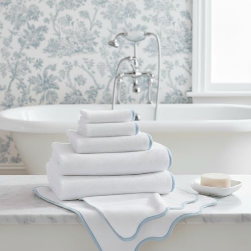 Lotus Linen Scallop Piping Towel Set of 6,100% Zero Twist Cotton, 2 Bath, 2 Hand Towels, 2 Washcloths, Hanging Loops, Soft Absorbent Bathroom Essentials (Dispenza Blue Piping, Towel Set (Pack of 6)) - color: Dispenza Blue Piping, size: Towel Set (Pack of