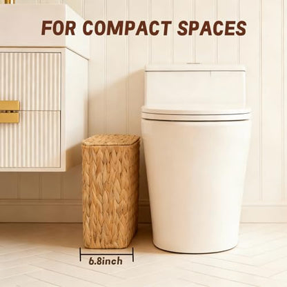 Wicker Trash Can,3 Gallon Bathroom Trash Can with Lid,Natural Water Hyacinth Wicker Waste Basket with Removable Liner, for Bedroom, Toilet, Narrow Spaces - size: Large