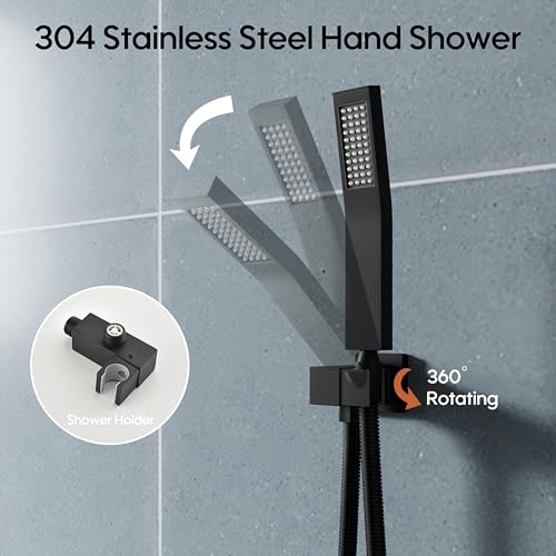 WELLFOR 12-In Wall Mounted Rain Shower Faucet with Single Handle and Handheld Spray, Waterfall Dual Head Shower Head System with 2-way Diverter, Pressure-balanced Valve Included, Matte Black - color: Matte Black, style: Wall Mount 12-Inch