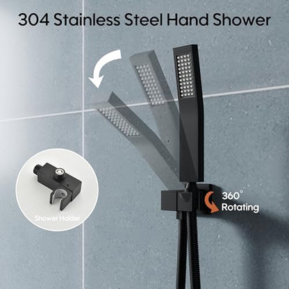 WELLFOR 12-In Wall Mounted Rain Shower Faucet with Single Handle and Handheld Spray, Waterfall Dual Head Shower Head System with 2-way Diverter, Pressure-balanced Valve Included, Matte Black - color: Matte Black, style: Wall Mount 12-Inch