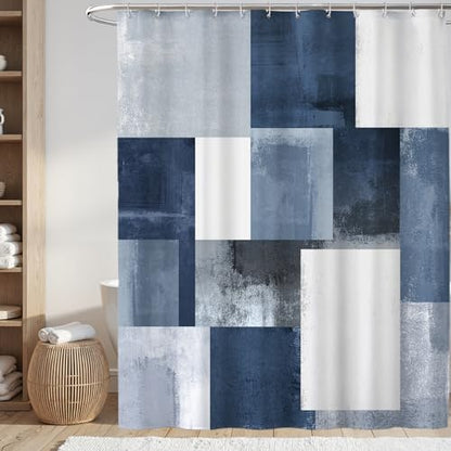 Navy Blue Black Shower Curtain, Modern Geometry Plaid Check Shower Curtains for Bathroom, Ombre Abstract Waterproof Polyester Fabric Shower Curtain Set with Hooks, Standard Size 72 x 72 inches - color: Blue Black