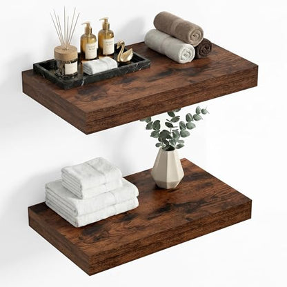 Heimlove 12 Inch Deep Floating Shelves, 16 x 12 inches Wall Shelves Set of 2, 2 Inch Thick Invisible Wall Mounted Shelves for Bathroom Bedroom Nursery,Rustic Brown - color: Rustic Brown, size: 16"W x 12"D x 2"H, Set of 2