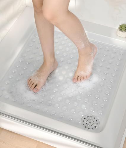 Square Shower Mat Non Slip, 21x21 Inch Square Bathtub Mat for Inside-Shower with Suction Cups Drain Holes, Anti-Slip Bathroom Floor Shower Stall Mats, Soft Bath for Tub, Machine Washable - Clear - color: White