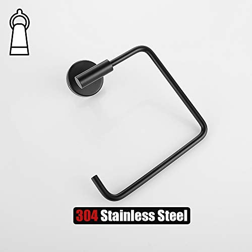 JQK Black Towel Ring, Stainless Steel Square Ring Towel Holder for Bathroom, 6 Inch Matte Black Wall Mount, TR140-PB - color: Black