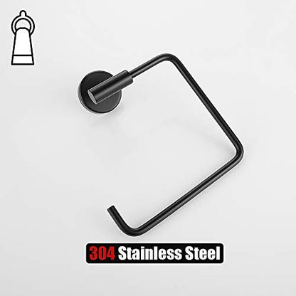 JQK Black Towel Ring, Stainless Steel Square Ring Towel Holder for Bathroom, 6 Inch Matte Black Wall Mount, TR140-PB - color: Black