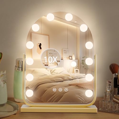 Vanity Mirror with Lights,17.3"×13" Lighted Makeup Mirror with 12 Dimmable LED Bulbs,10X Magnification Smart Touch Control Hollywood Mirror with Lights,3 Colors Dimmable,360° Rotation (Gold) - size: 17.3"L x 13"W
