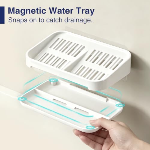 Self-Draining Soap Dish, 2-Compartment Bar Soap Holder | Soap Saver with Magnetic Detachable Tray, Shampoo and Conditioner Bar Holder, ABS Plastic Soap Holder for Shower, White