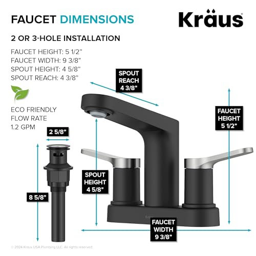 KRAUS Indy Centerset Bathroom Faucet in Spot-Free Brushed Nickel/Matte Black with 2 Handles, Pop Up Drain and Supply Lines, FUS-14102SFBNMB - color: Spot Free Brushed Nickel/Matte Black, style: Centerset