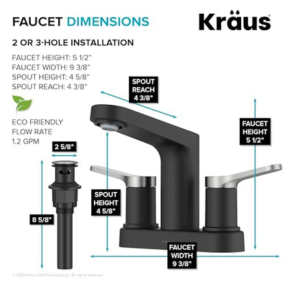 KRAUS Indy Centerset Bathroom Faucet in Spot-Free Brushed Nickel/Matte Black with 2 Handles, Pop Up Drain and Supply Lines, FUS-14102SFBNMB - color: Spot Free Brushed Nickel/Matte Black, style: Centerset