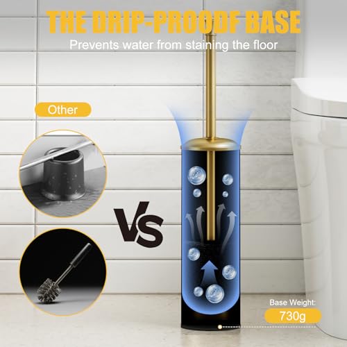 Toilet Brush and Holder, Toilet Cleaner Bowl Set with Two Brush with Extra Long Handle, Durable Bristles Toilet Scrubber and Covered Holder, Drip-Proof Stainless Steel Brushed Gold - color: Brushed Gold