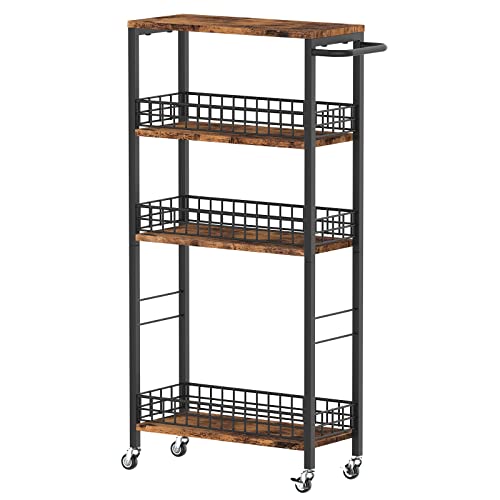 NOVIMANGO Slim Storage Cart Rolling Kitchen Cart with Wheels 4 Tier Bathroom Cart Narrow Laundry Storage Utility Cart Trolly Cart with Handle for Small Spaces, Brown - color: Brown