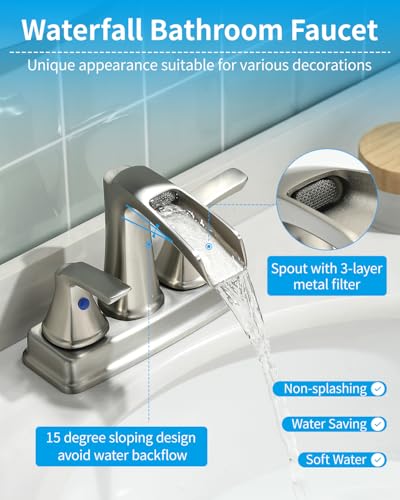 Fapully Bathroom Sink Faucet, Waterfall 4 Inch Centerset Bathroom Faucet | Brushed Nickel, 2-Handle, Lead-Free Brass Bathroom Sink Faucet, Faucet for Bathroom Sink with Pop-up Drain - color: Brushed Nickel