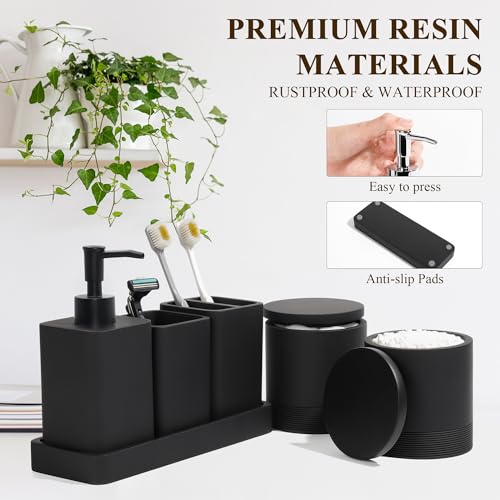 Bathroom Accessories Set, 6 Piece Soap Dispenser Set - Matte Black | Bathroom Set with Toothbrush Holders, Soap Dispenser, Vanity Tray, Tumbler, Cotton Swab Jars, Bathroom Organizer and Storage - color: Black
