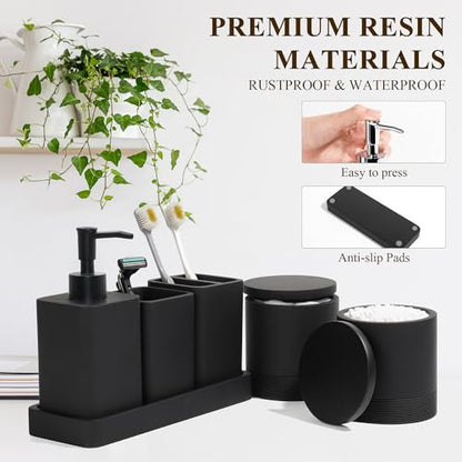Bathroom Accessories Set, 6 Piece Soap Dispenser Set - Matte Black | Bathroom Set with Toothbrush Holders, Soap Dispenser, Vanity Tray, Tumbler, Cotton Swab Jars, Bathroom Organizer and Storage - color: Black