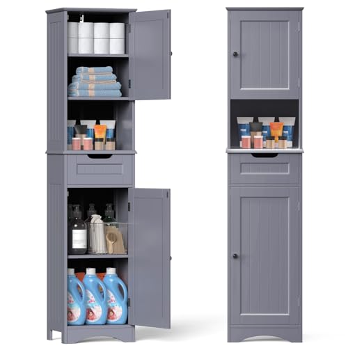 Gizoon 67” H Tall Bathroom Storage Cabinet, Narrow Storage Cabinet, Grey | Towel Cabinet with Freestanding Adjustable Shelves and 2 Doors & Drawer for Small Spaces, Kitchen, Living Room, Anti-Tipping - color: Grey
