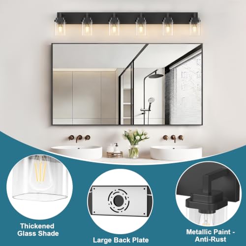 Matte Black Bathroom Light Fixtures, Modern Vanity Lights with Clear Glass Lamp Shade, Bathroom Lighting Fixtures Over Mirror, Restroom Vanity Lighting Fixture, 6-Light 46 Inch - color: Blakc, size: 6-Light