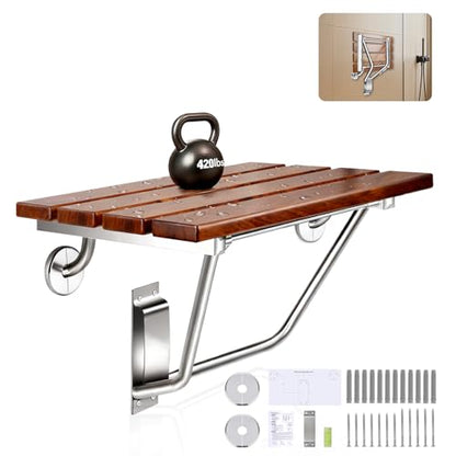 𝙐𝙥𝙜𝙧𝙖𝙙𝙚 18 Inch Teak Folding Shower Seat Wall Mounted, 420 Lbs Capacity Sturdy Shower Bench with 316 Stainless Steel Frame & Finish Caps, Narrow Bathroom Space Saving Teak Wood Shower Chair - size: 18 inch