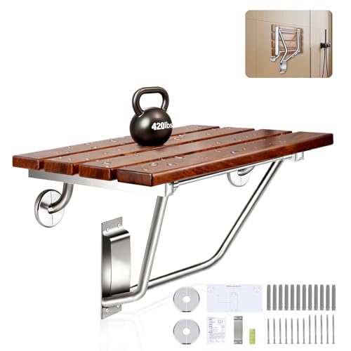 𝙐𝙥𝙜𝙧𝙖𝙙𝙚 18 Inch Teak Folding Shower Seat Wall Mounted, 420 Lbs Capacity Sturdy Shower Bench with 316 Stainless Steel Frame & Finish Caps, Narrow Bathroom Space Saving Teak Wood Shower Chair - size: 18 inch