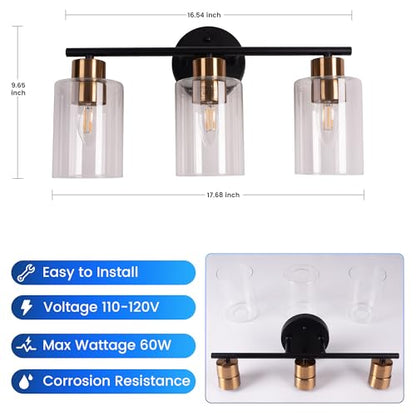 3-Light Black and Gold Bathroom Vanity Light Fixtures Over Mirror | Bathroom Wall Sconce, Clear Glass Shade, For Bathroom Bedroom Dressing Table Hallway, E26 Base - color: 3 Light Gold + Black