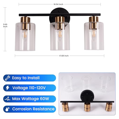3-Light Black and Gold Bathroom Vanity Light Fixtures Over Mirror | Bathroom Wall Sconce, Clear Glass Shade, For Bathroom Bedroom Dressing Table Hallway, E26 Base - color: 3 Light Gold + Black