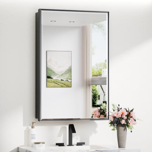 TokeShimi 24x36 Recessed Medicine Cabinet with Mirror Wall Mounted, Aluminum Alloy Black Mirrored Medicine Cabinet, Metal Beveled Mirror with Storage for Bathroom Vanity - color: Black, size: 24x36 IN