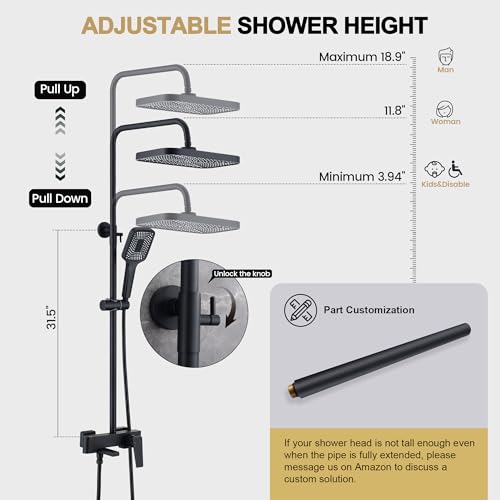 Shower Systems with 12 x8 Inches Rain Shower Head, Matte Black Exposed Pipe Shower System,3 Functions Tub Shower Faucet Sets,Overhead Shower System with Handheld - color: A- Matte Black with Square Shower Head