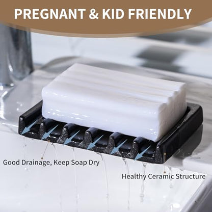 Tanew Self Draining Premium Ceramic Soap Dish, Bar Soap Holder, Waterfall Soap Dish, Shower Soap Holder Sponge Holder Soap Tray Soap Savers for Bathroom, Shower, Kitchen, Sink and Countertop - color: Black