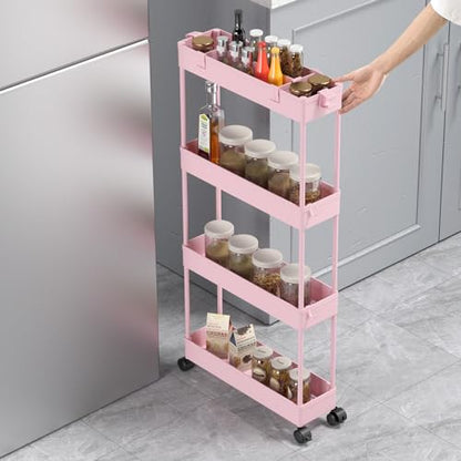 Slim Storage Cart 4 Tier,Bathroom Organizer Rolling Utility,Mobile Shelving Unit Slide Out for Office, Kitchen, Laundry Room & Narrow Places,Pink - color: Pink