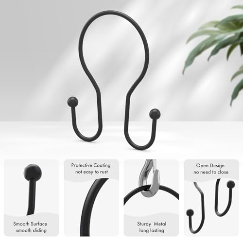 AmazerBath Shower Curtain Hooks Black Shower Curtain Rings, Simple Double Hook Shower Curtain Hooks Rust Proof, Smooth Sturdy Metal Shower Hooks for Shower Curtain Rod, 12 Pcs Shower Rod Hooks - color: Black, style: Minimalist - Double Shower Hooks