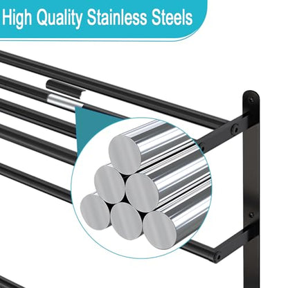 Matte Black 32 InchTowel Racks for Bathroom, VOTZAAQ Black Towel Shelf with Double Towel Bar, 3 Tier Stainless Steel Towel Storage, Bath Towel Holder Wall Mounted - size: 32 Inch