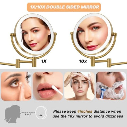 Wall Mounted Lighted Makeup Mirror with Magnification Rechargeable | 1X/10X Bathroom 2 Sided Vanity, 360 Rotation Retractable Swing Arm, Upgraded 3 Color LED & Brighter, Brushed Moderne Brass - color: Brushed Moderne Brass