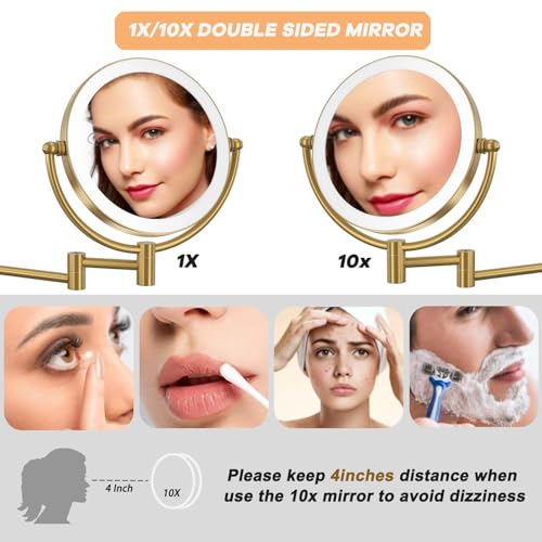 Wall Mounted Lighted Makeup Mirror with Magnification Rechargeable | 1X/10X Bathroom 2 Sided Vanity, 360 Rotation Retractable Swing Arm, Upgraded 3 Color LED & Brighter, Brushed Moderne Brass - color: Brushed Moderne Brass