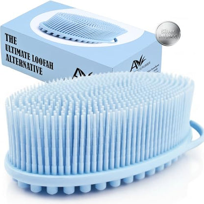 Avilana Silicone Body Scrubber for Shower – SGS Certified Food Grade Dual Sided Bath Brush, Gentle Exfoliating Silicone Loofah Alternative, Sensitive Skin Body Brush (Blue-Silver, Massage) - color: Blue-silver, size: Massage