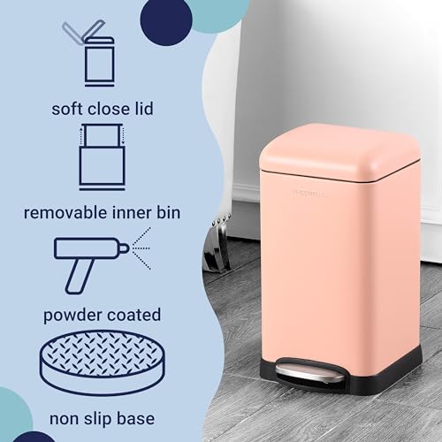 happimess Betty Retro Mini 3.2 Gal Step Trash Can, Flamingo Pink | Soft-Close Lid, Removable Liner, Iron, Hands-Free Pedal, Satin Finish, Non-Skid Base, Built-In Damper, Modern, Minimalistic - color: Flamingo Pink