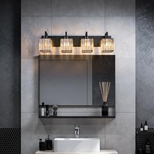 Black Bathroom Light Fixture, 4-Light Crystal Vanity Lighting, Bathroom Lighting Fixtures Over Mirror, Modern Crystal Wall Lamp - color: Black Crooked, size: 4-light