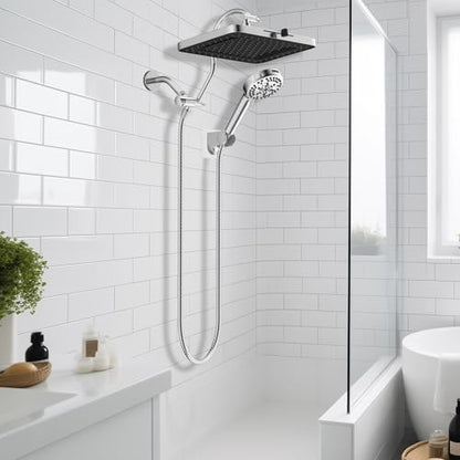 Hibbent 13'' 5-spray Rain Shower Head with 10-Spray Handheld, Chrome | cUPC Certified High Pressure Dual Showerhead Combo, Upgraded Rainfall Shower Head, 12'' Extension Arm, 71'' Hose & Holder - color: Chrome, style: Square 13''