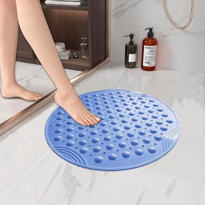 Shower Mat Anti-Slip 21.6'' Round Bathtub Mat with Suction Cups Machine Washable Shower Bath Mat - color: Blue
