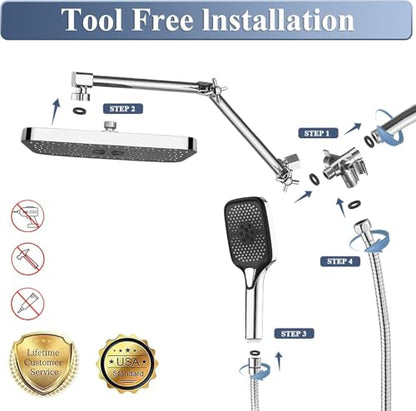14 Inch Rain Shower Head with Handheld Spray Combo and Extention Arm, Rainfall Waterfall High Pressure Large Shower Heads, Dual Showerhead with 3-Way Diverter - Height/Angle Adjustable(Chrome) - color: Chrome, size: 14 Inch