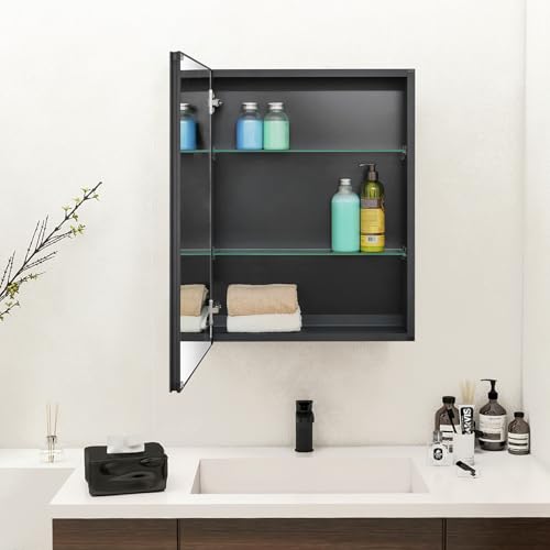 20 x 26 Black Recessed Medicine Cabinet with Mirror & Bathroom Wall Storage | Black Aluminum Bathroom Mirror Cabinet with Adjustable Shelves, Surface Mount Option for Organized Bathroom Vanity Toiletries - size: 20 x 26