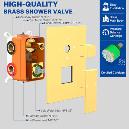 ENGA Bright Gold Dual Rain LED Shower System, 14"x20" Shower Head + 6" Wall Shower, 4 Body Jets with Individual On/Off & Adjustable Water Pressure, Rainfall Shower Faucet Set - color: Bright Gold, style: 14X20" Led Shower - Body Jets