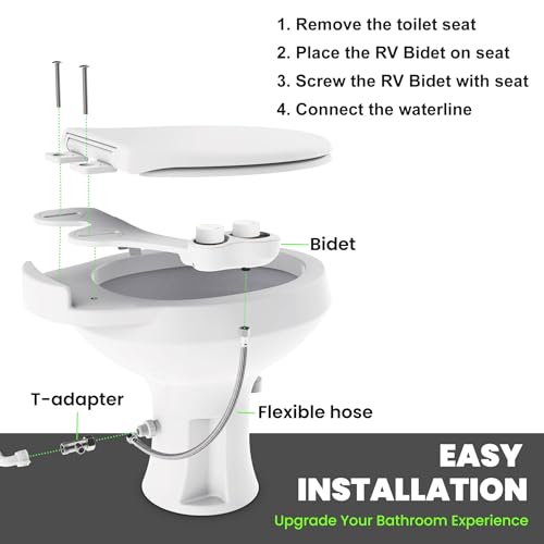 RV Bidet for Camper Toilet, Non-Electric Toilet Sprayer Attachment with Dual Nozzles, Adjustable Pressure, Front/Rear/Self Cleaning, Upgrade for Trailer, Motorhome, RV Bathroom (White-Black)