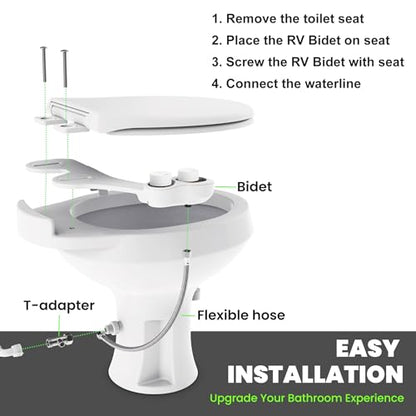 RV Bidet for Camper Toilet, Non-Electric Toilet Sprayer Attachment with Dual Nozzles, Adjustable Pressure, Front/Rear/Self Cleaning, Upgrade for Trailer, Motorhome, RV Bathroom (White-Black)