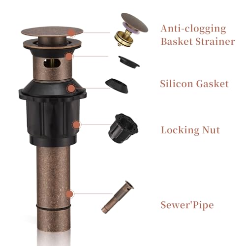5/8 Inch Bathroom Faucet Vessel Vanity Sink Pop Up Drain Assembly Stopper | with Overflow Push & Seal Copper by Homevacious - color: Copper, style: With Overflow