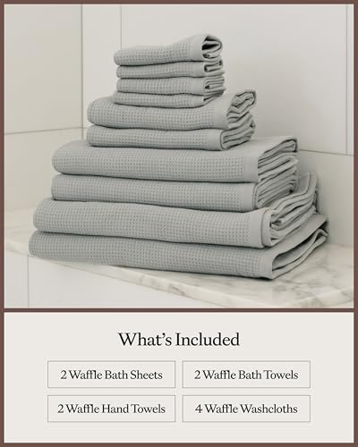 Cozy Earth Complete Waffle Bath Bundle, 60% Cotton 40% Viscose from Bamboo | Quick Dry and Ultra-Soft Waffle Weave Bath Towels, 4 Washcloths, 2 Hand Towels, 2 Bath Towels, 2 Bath Sheets, Harbor Mist - color: Harbor Mist