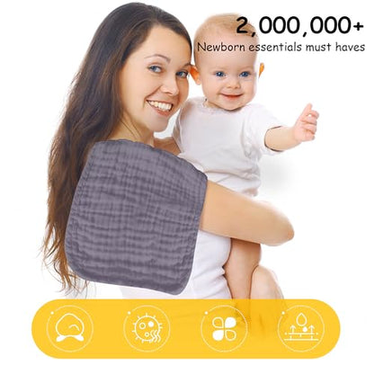 Lovely Care 12 Pack Muslin Burp Cloths 100% Cotton Muslin Cloths Large 20''x10'' Extra Soft and Absorbent Baby Burping Cloth - Grey - color: Grey, size: 10x20 Inch (Pack of 12)